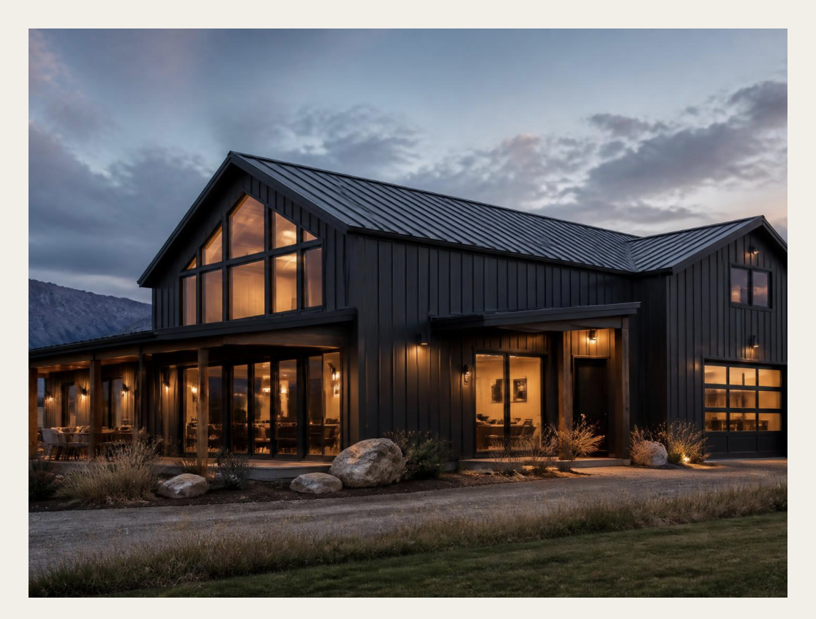Modern charcoal barndominium with warm interior lighting at dusk